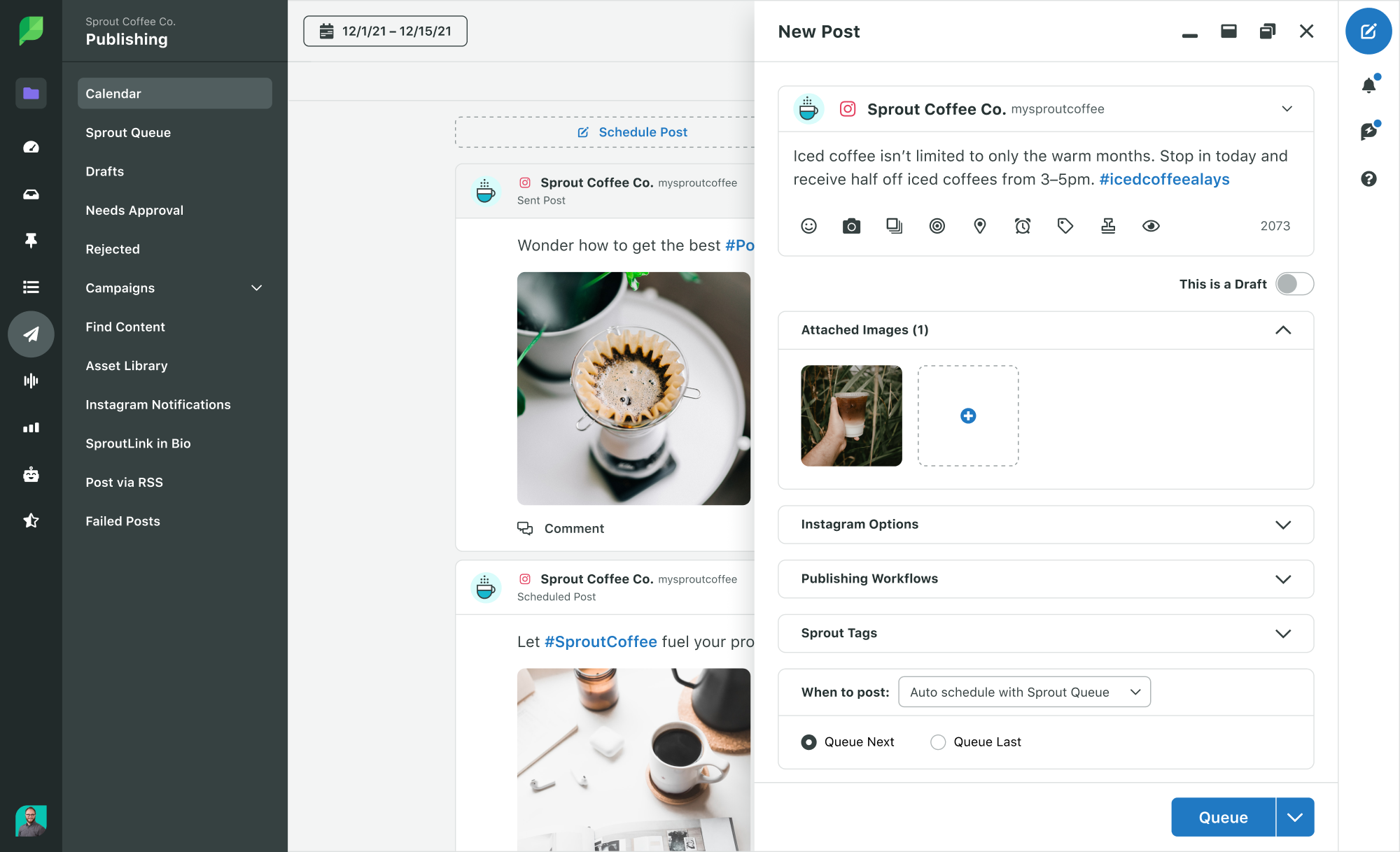 Sprout Social’s post scheduling and publishing interface.