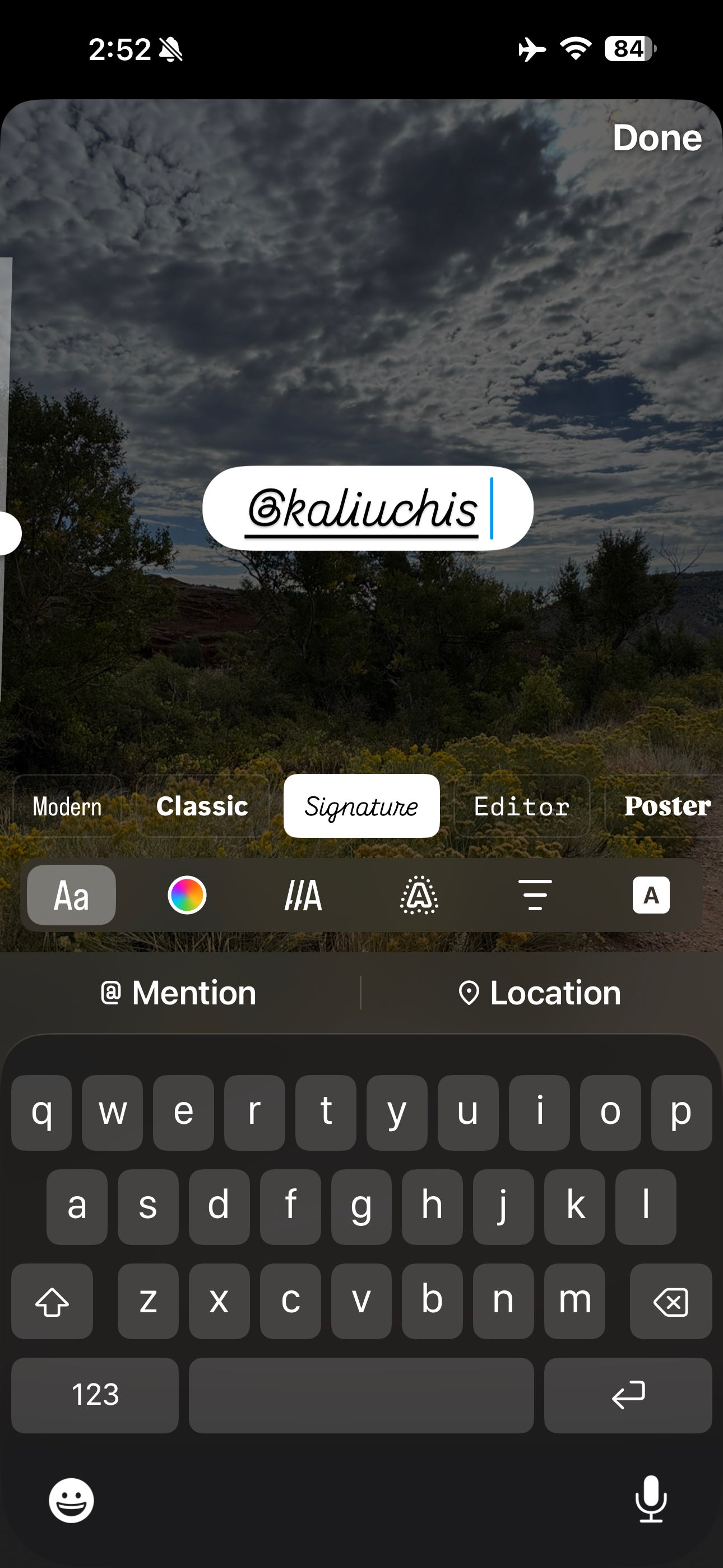 Mentioning another user @kaliuchis on an Instagram Story