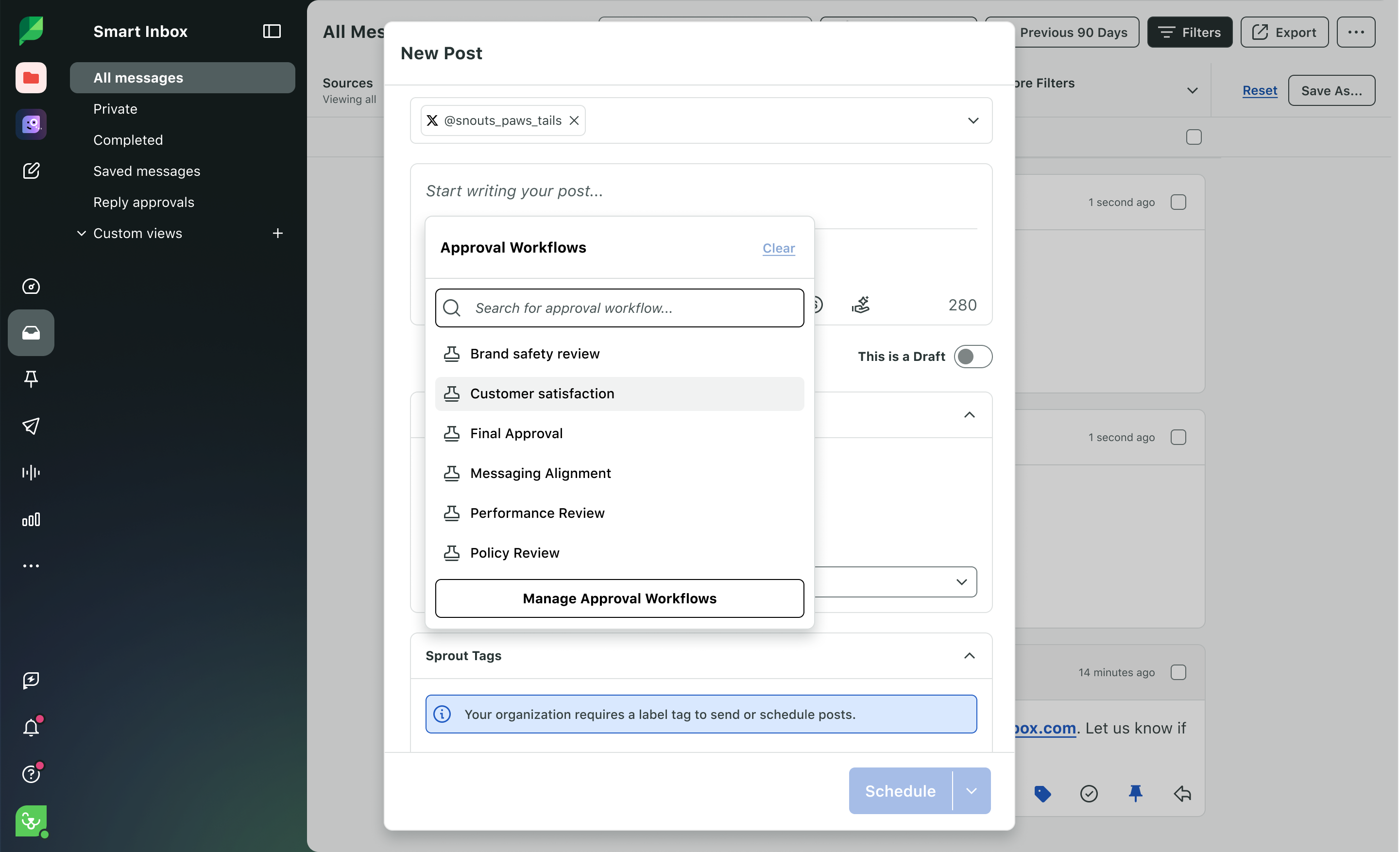 Captura de pantalla del producto de los flujos de trabajo de aprobación avanzados de Sprout disponibles en el editor de Redactar.