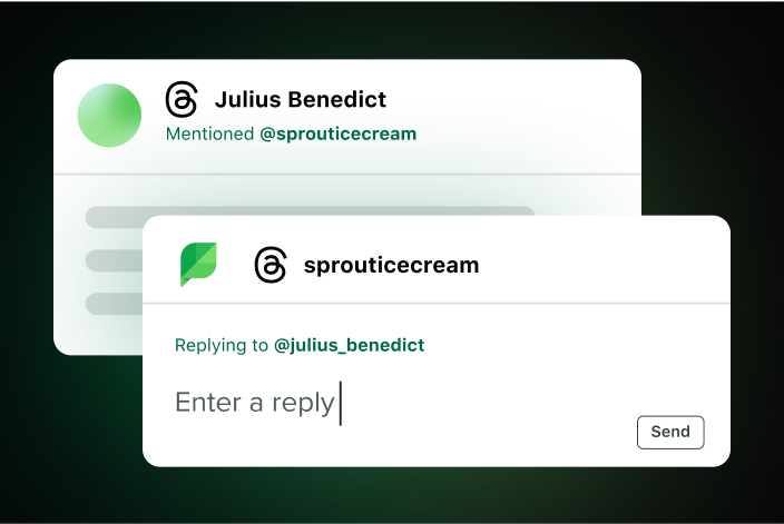 Example screens showing a company responding to a tag from a Threads user in Sprout’s app.