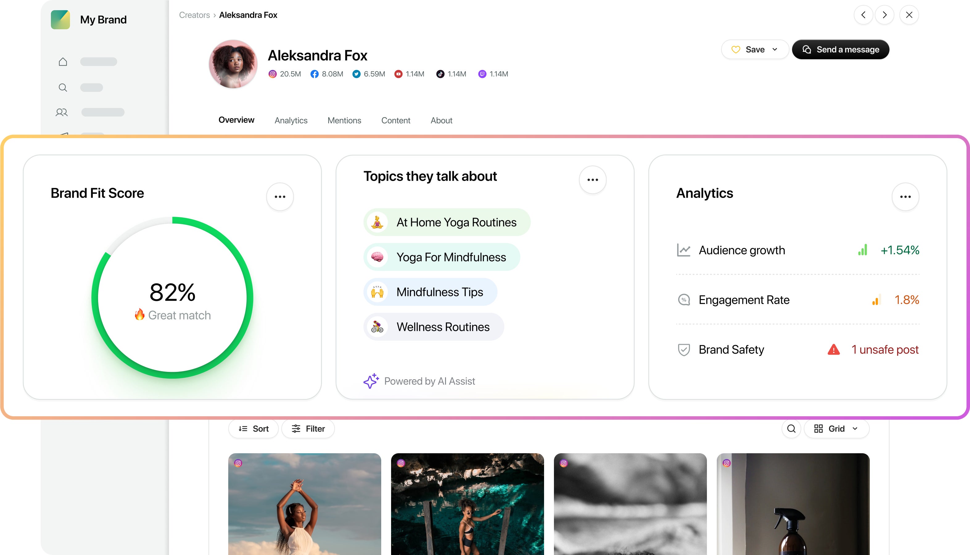 UI screen showing Sprout Social Influencer Marketing's Brand Fit Score and topics an influencer talks about to help user identify if they are the right fit for their brand