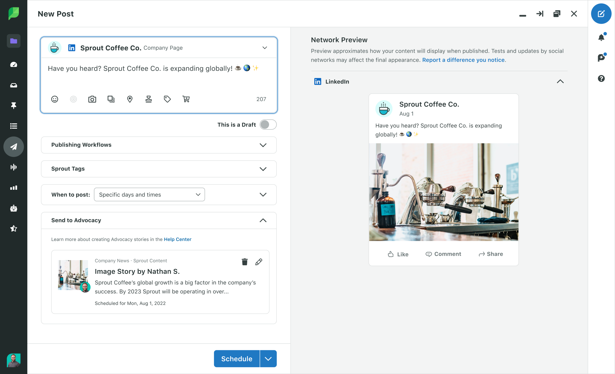 Sprout Social's scheduling capability for a LinkedIn Page post.