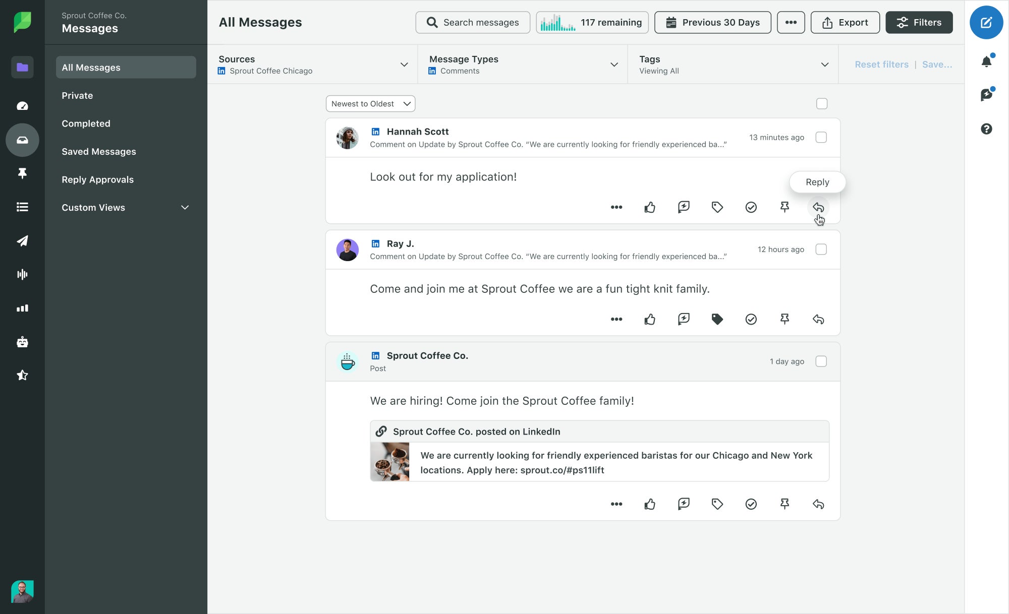 Sprout Social inbox view showing LinkedIn comments and messages with reply and moderation actions