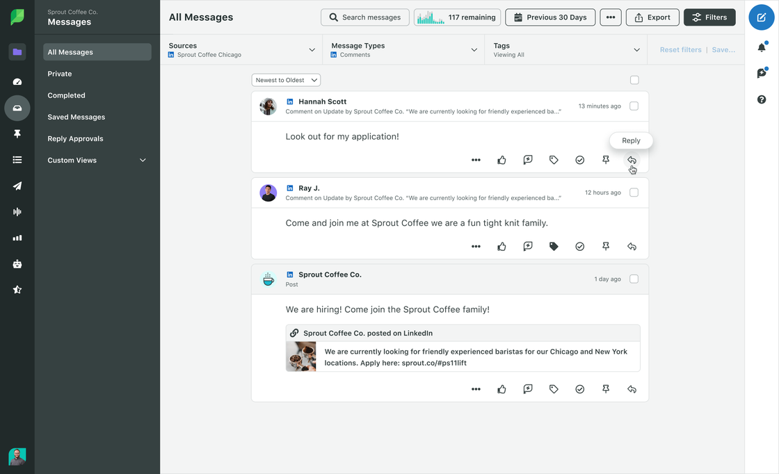 A screenshot of LinkedIn messages filtering through Sprout’s Smart Inbox, making it easy to filter by message types, recipient and timeframes.