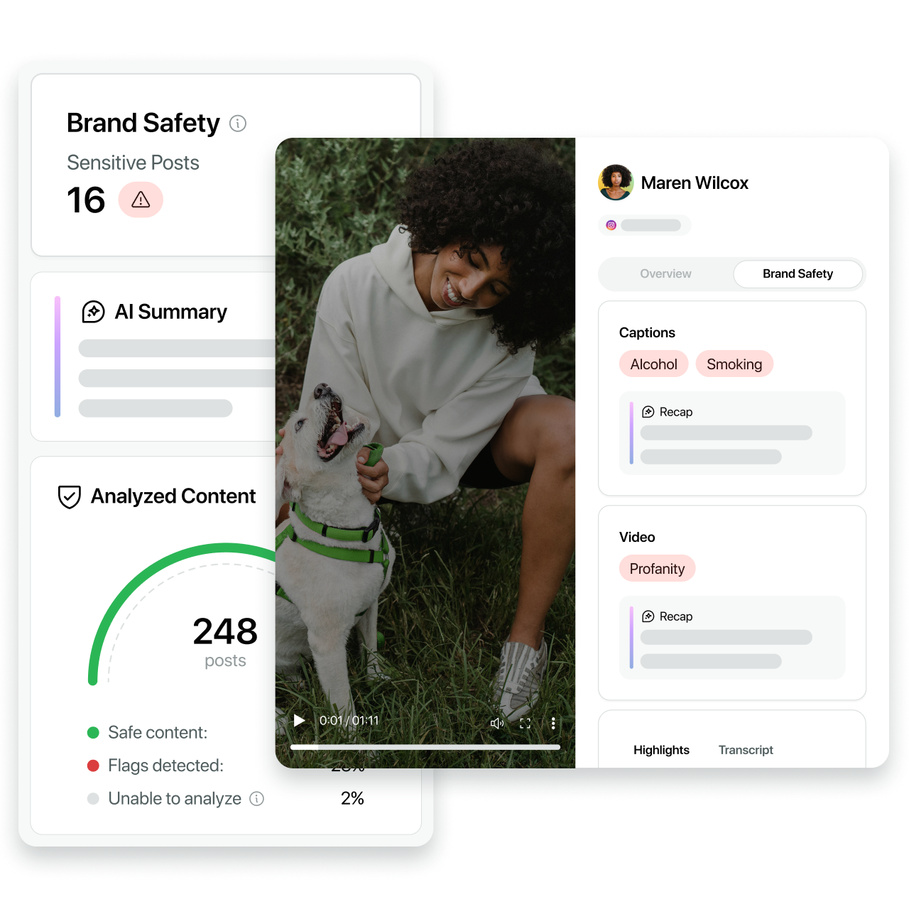 Sprout Social brand safety dashboard using AI to analyze influencer content for flags like profanity and sensitive topics.
