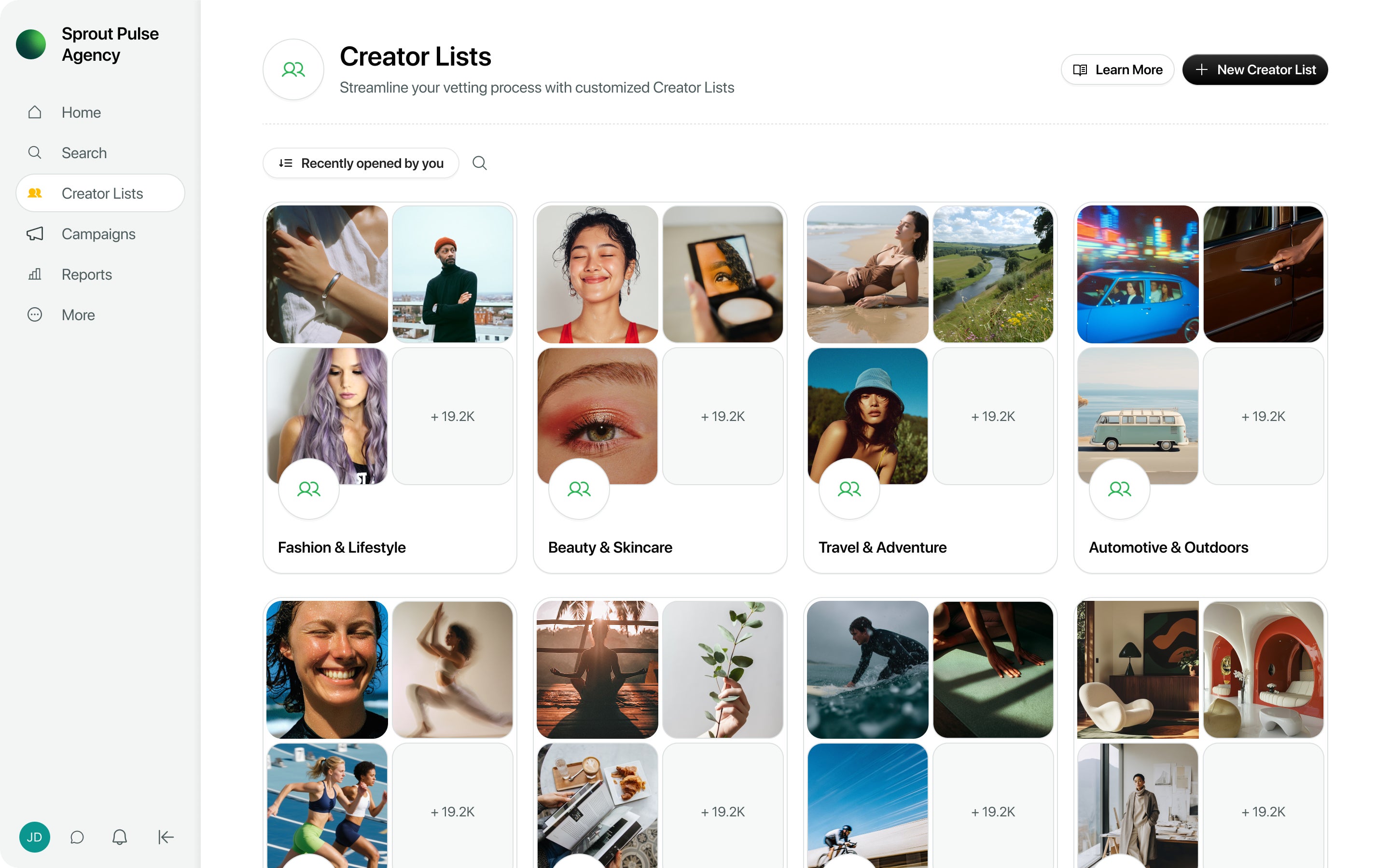 Sprout Social Influencer Marketing's Creator Lists dashboard showing different creator lists separated into different categories i.e. Fashion & Style, Beauty & Skincare, Travel & Adventure, etc.