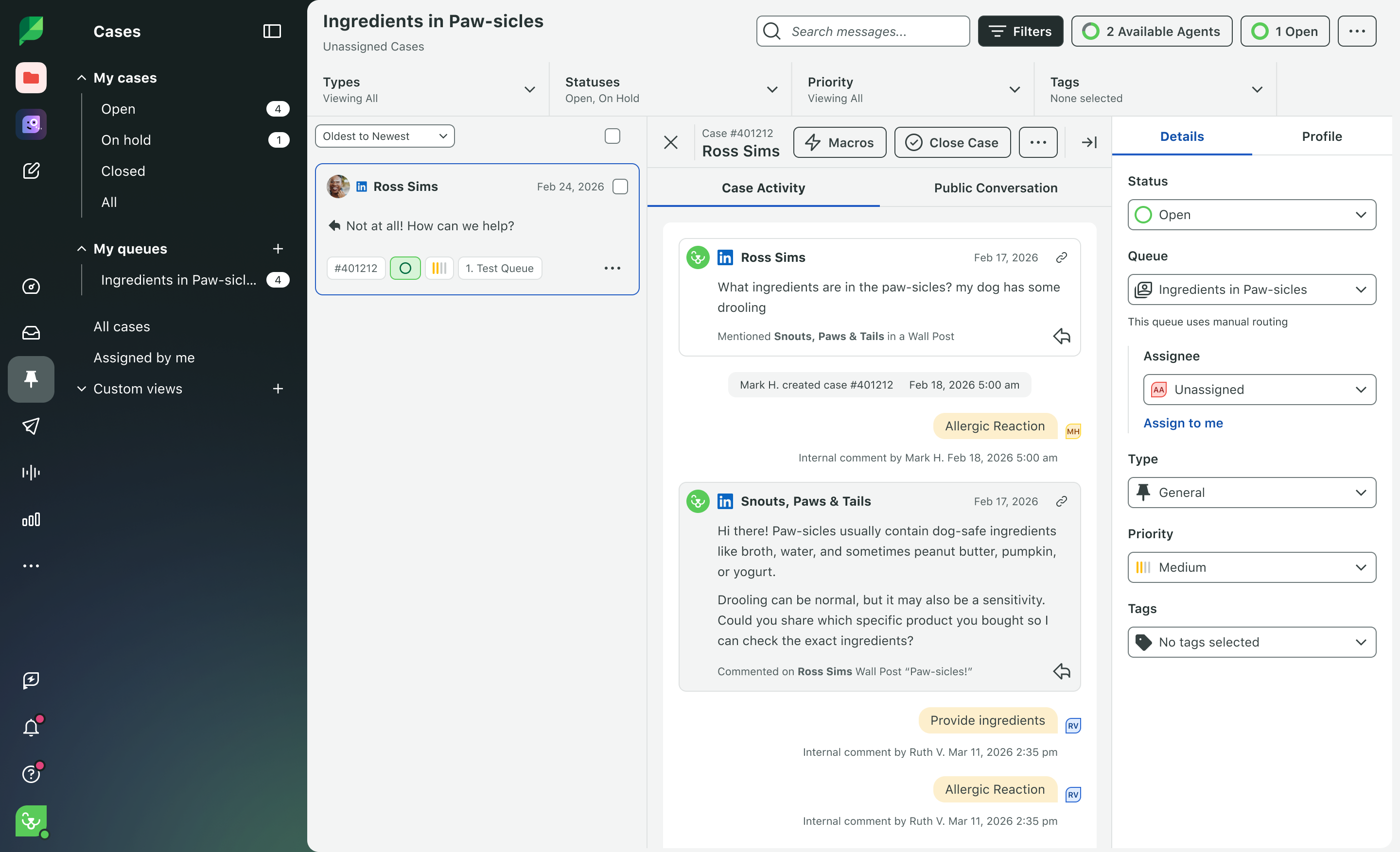 Imagen de producto de Sprout Social de tareas de participación con el historial de actividad de LinkedIn.​​ 