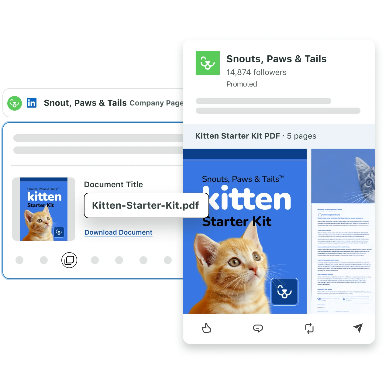 Écran de l'éditeur de posts avec le PDF d'un kit de démarrage pour chaton jointe à côté du post publié sur LinkedIn.​​ 
