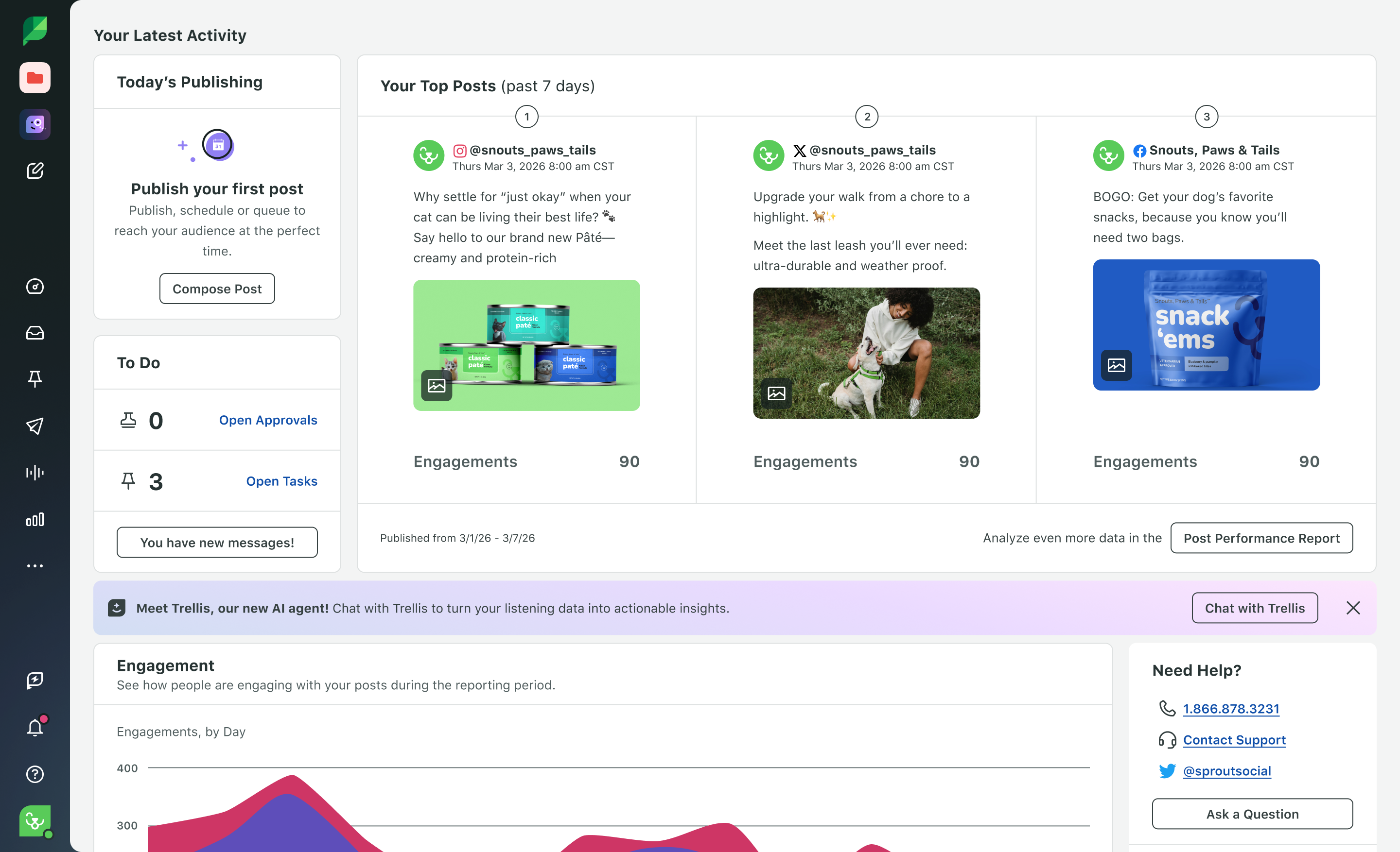 Sprout Social dashboard overview displaying sections for latest publishing activity, top posts, an engagement chart, and a banner introducing a new AI agent named Trellis.