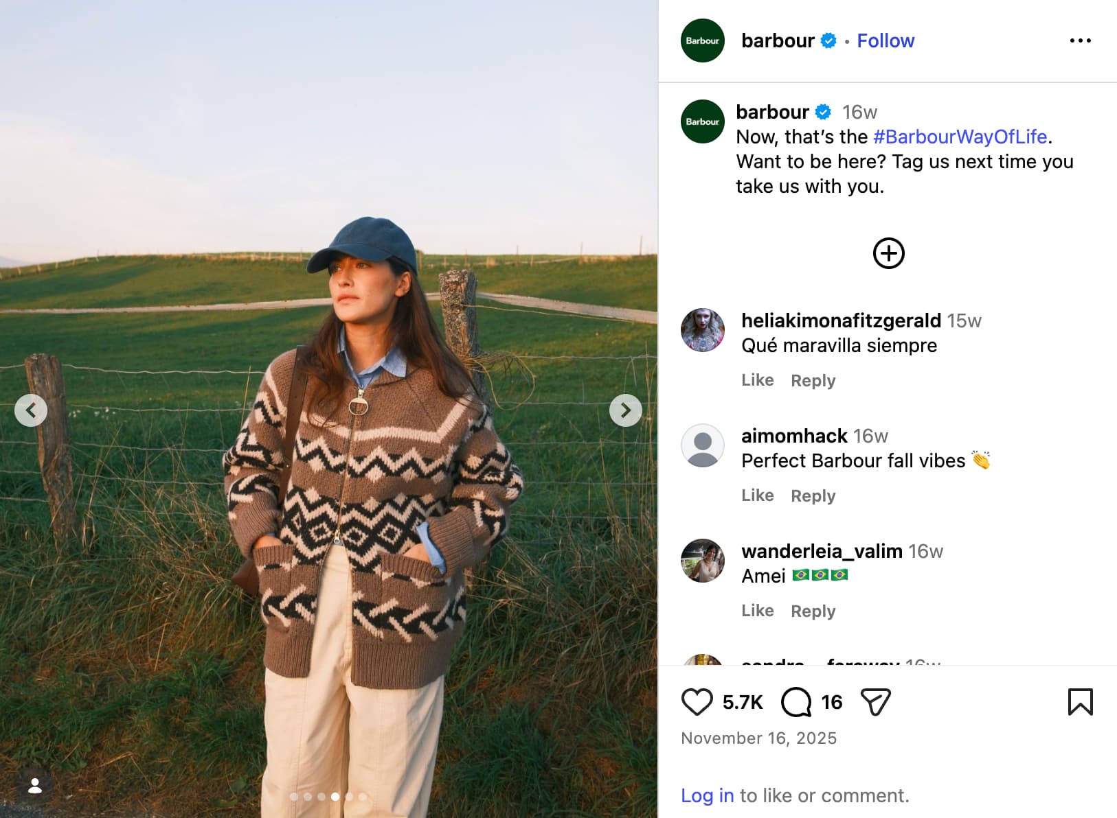 Barbour's Instagram carousel post showing a Barbour way of life