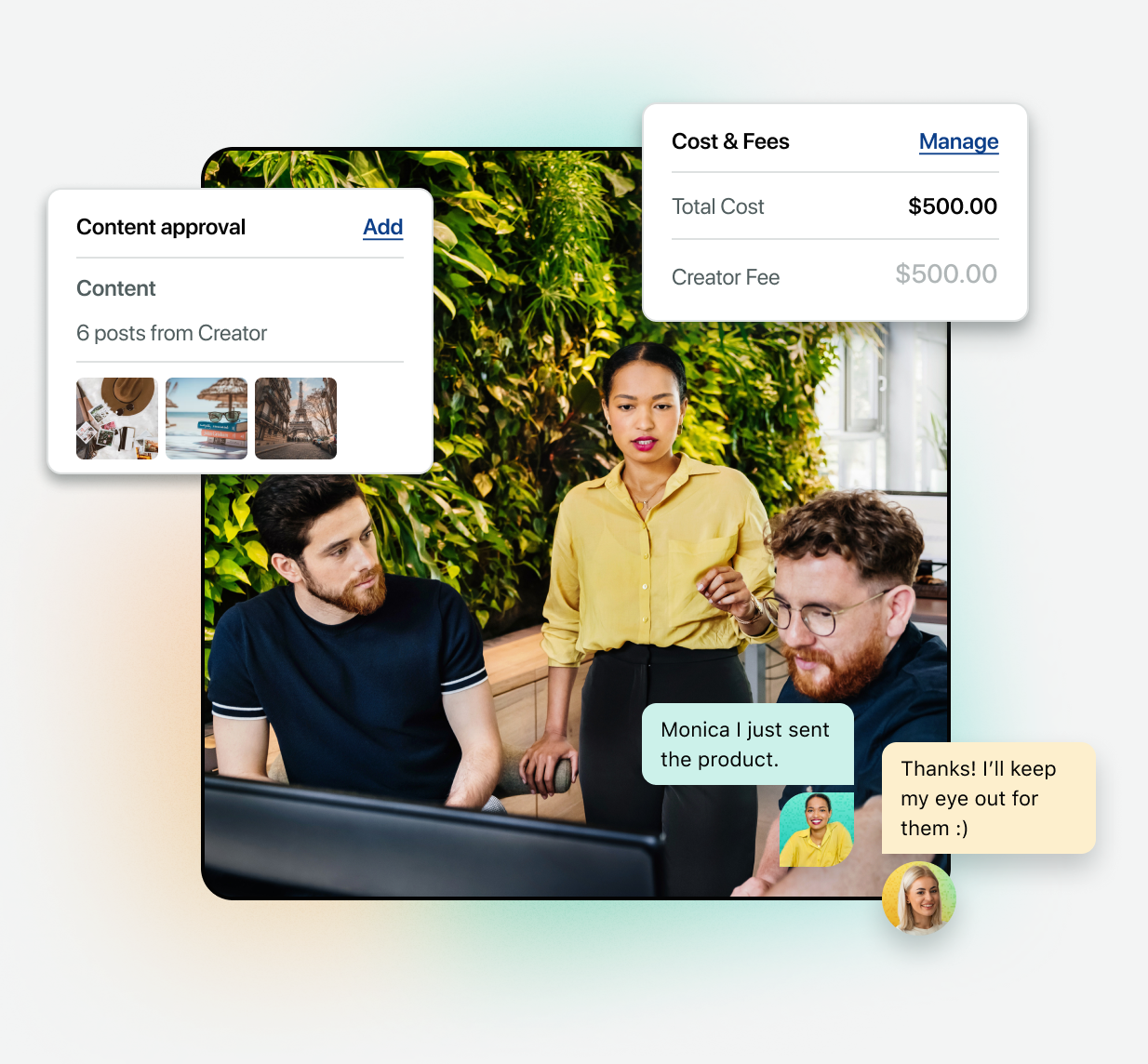 Immagine di tre individui impegnati in una discussione o riunione. Sono visibili elementi dell'interfaccia per “Approvazione dei contenuti” con immagini associate, “Costi e tariffe” con dettagli sui prezzi e una conversazione in chat con bolle dei messaggi.