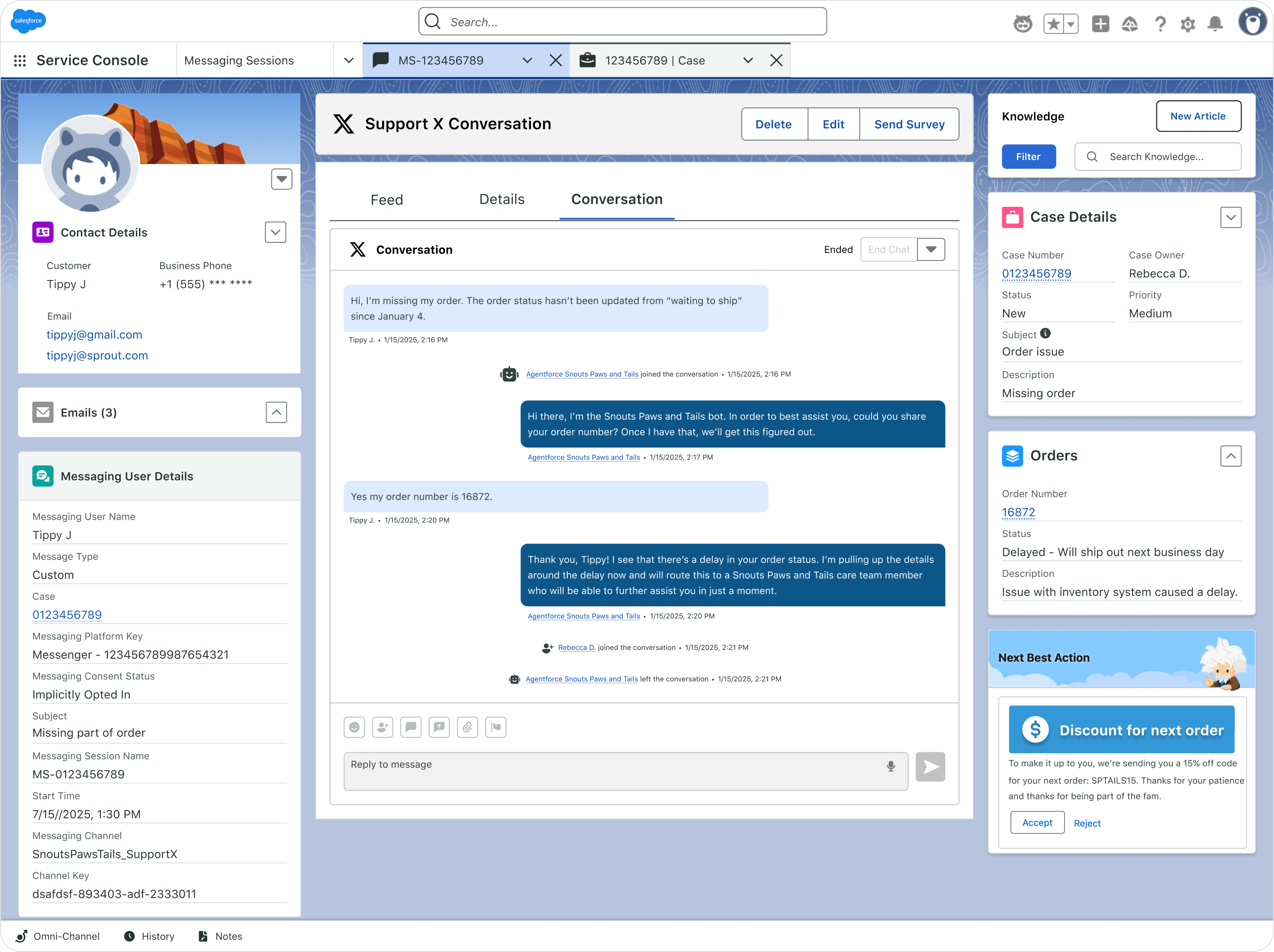 Interfaz de usuario del producto de una empresa, Snouts, Paws, & Tails, que usa la Consola de servicio de Salesforce en Sprout Social para responder a los mensajes de los clientes desde su página de Facebook.
