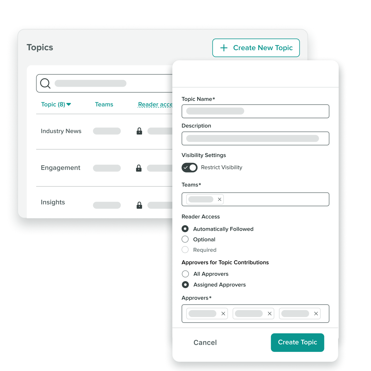 Interfaccia di Sprout Social Advocacy per la creazione e la gestione di argomenti con impostazioni personalizzate di visibilità e accesso dei lettori.​​ 