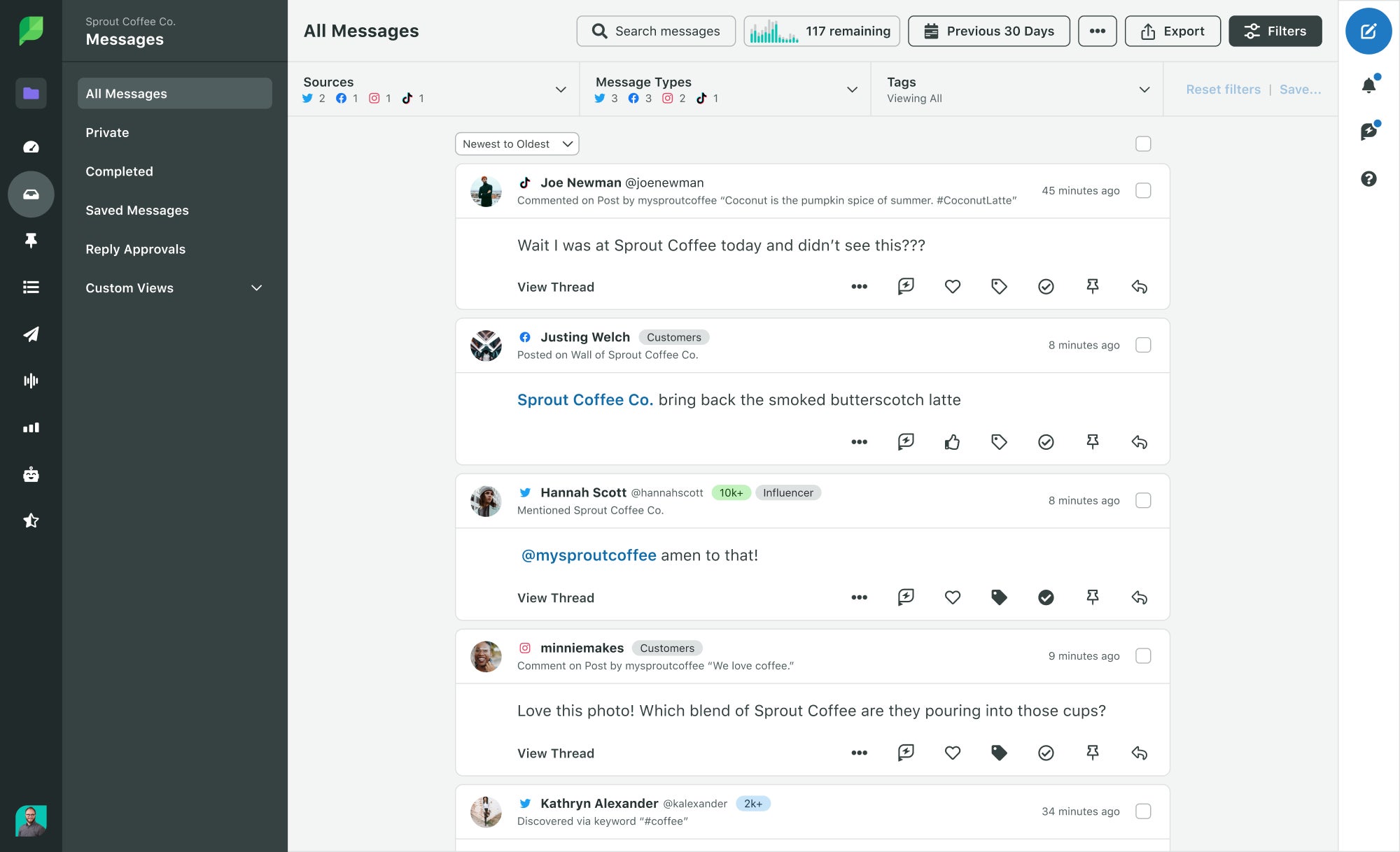Sprout's Smart Inbox Dashboard displaying a series of messages from different users from different social media networks all in one place, with easy to access filtering, tagging and quick action options to click next