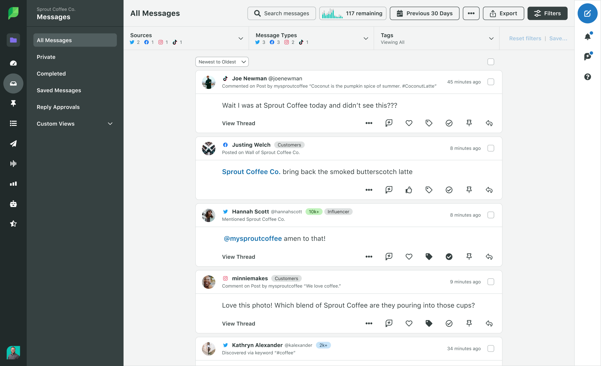 The Sprout Smart Inbox interface, where you can see all incoming messages, @mentions and reviews across networks in one single feed