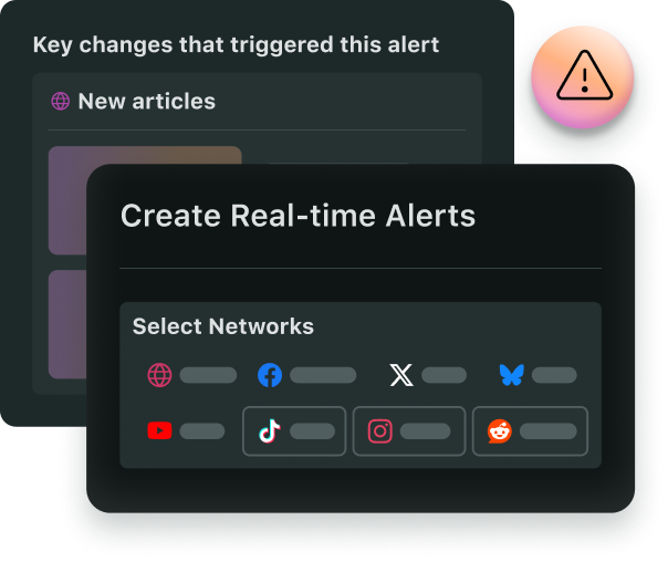 The NewsWhip real-time alerts pop-up, showing key changes triggered by specific keywords.
