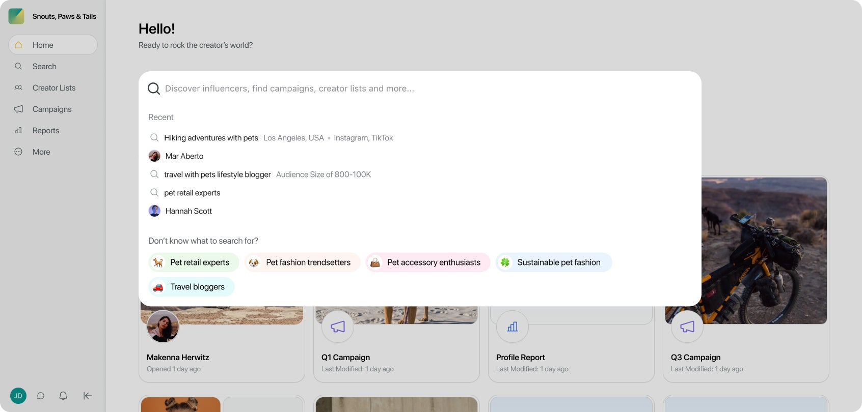 UI of Sprout Social Influencer Marketing showing the search bar to find creators relevant to the user