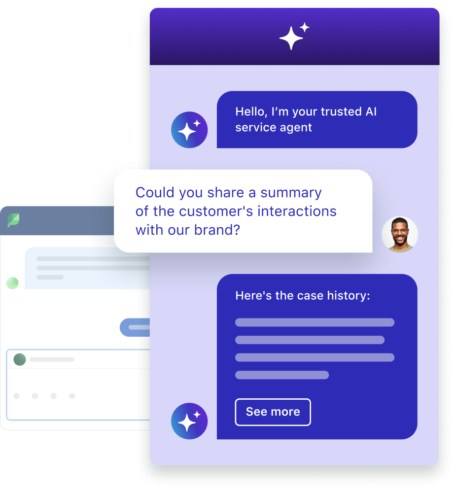 Image de l'interface utilisateur d'Einstein Copilot (Salesforce), l'assistant étant interrogé par un employé de la marque pour afficher l'historique des interactions d'un client avec la marque.