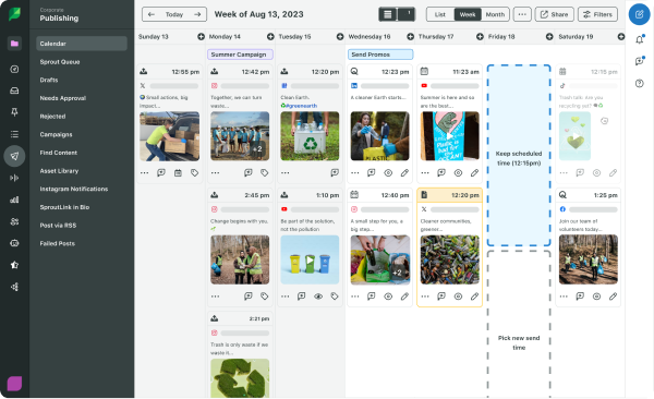 Product UI of Sprout Social's Cross-Network Performance Summary report displaying a comprehensive breakdown of impressions, engagement rate, engagements, and video views across Instagram, TikTok, Facebook, and LinkedIn