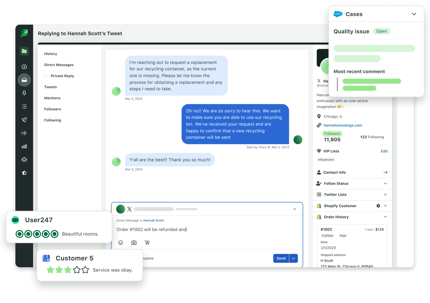 Product UI of Sprout Social's Smart Inbox, showing a direct message on X that links to an open Salesforce Case concerning a customer quality issue.