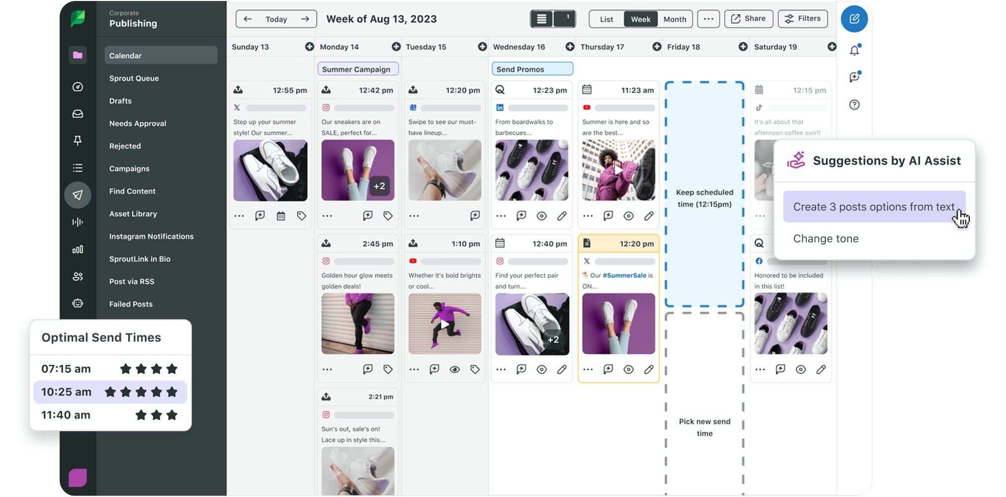 Sprout's Publishing UI showing the social media content calendar dashboard where posts are scheduled across several social media networks, providing AI insights such as Suggestions by AI Assist and Optimal Send Times