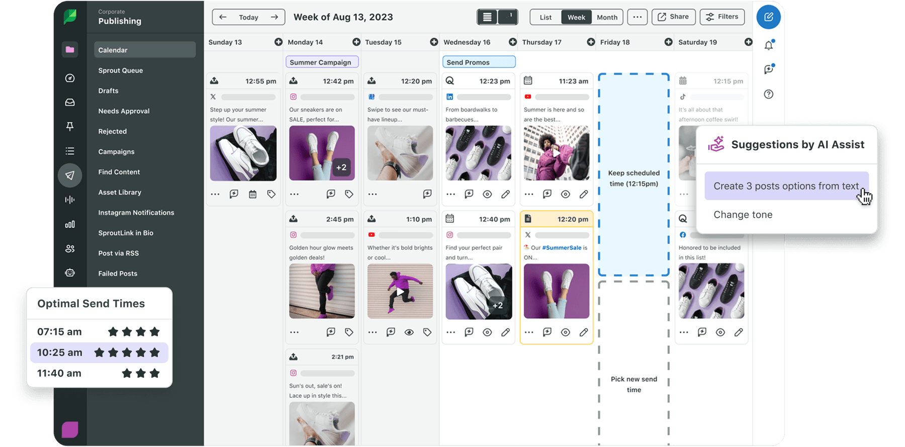 Sprout Social UI of an August 2023 content calendar with an &quot;AI Assist&quot; pop-up with &quot;Create 3 posts&quot; & &quot;Change tone&quot; options. Optimal send times shown.