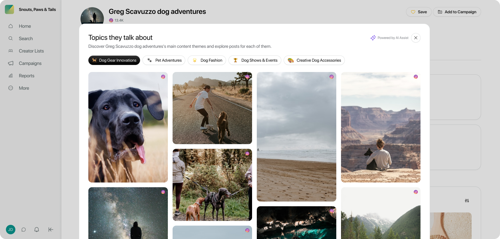 Interface of Sprout Social Influencer Marketing that demonstrates the topics a specific influencer talks about and images of their posts