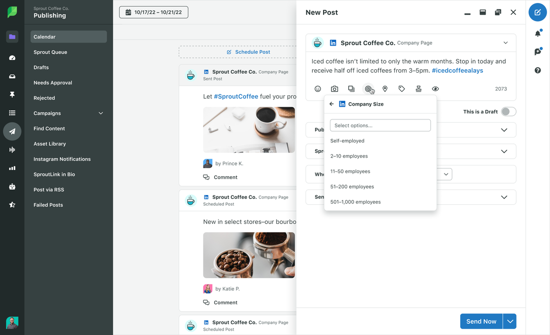 Sprout’s LinkedIn publishing tools make it easy to draft, refine and collaborate on posts across multiple LinkedIn accounts and pages.