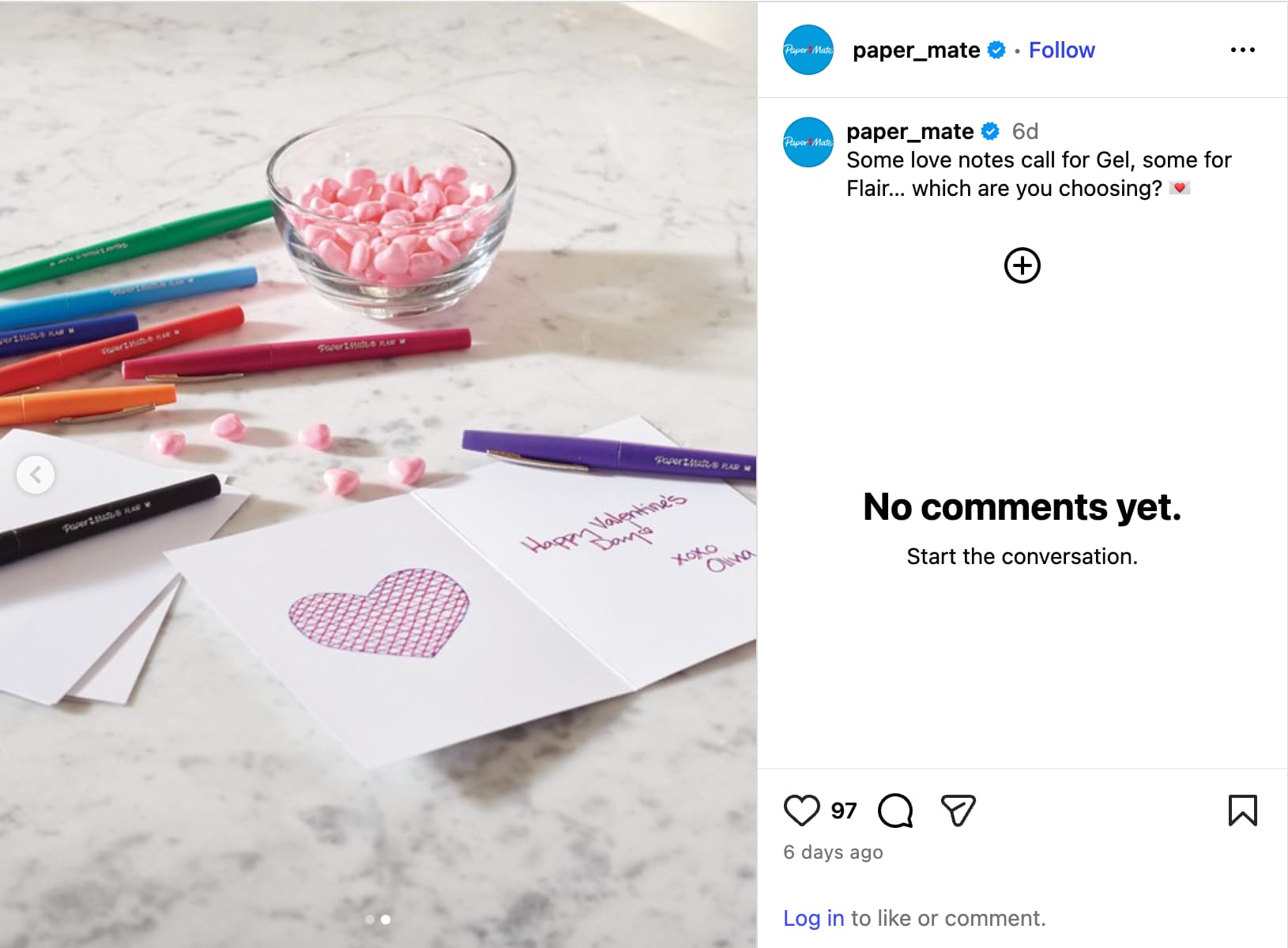 Instagram post from Paper Mate that shows gel pens and cards from Paper Mate, the caption says 