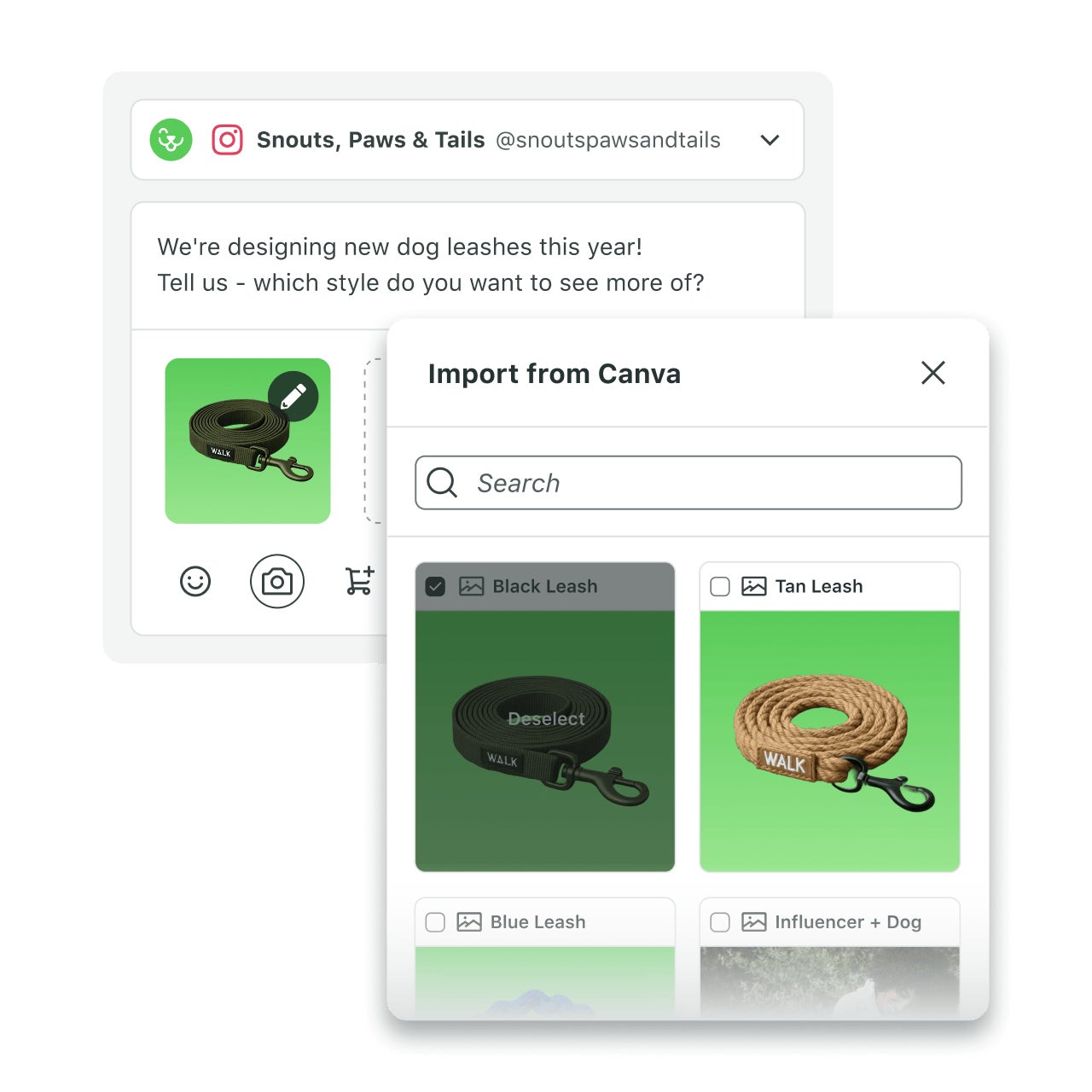 UI of Sprout Social's compose box showing a draft of an Instagram post that is importing images directly from Canva