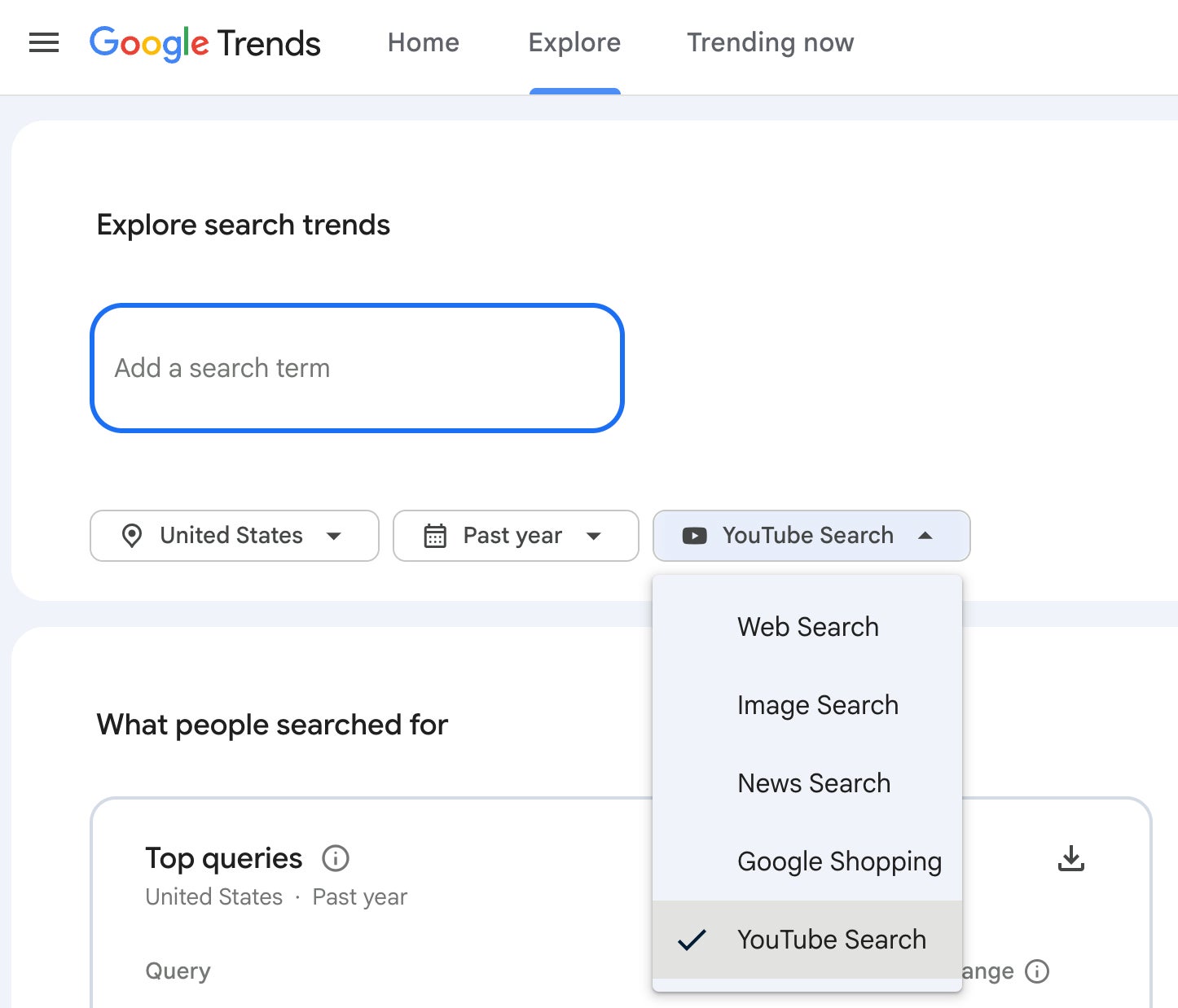 Google Trends UI with the dropdown menu option, selecting