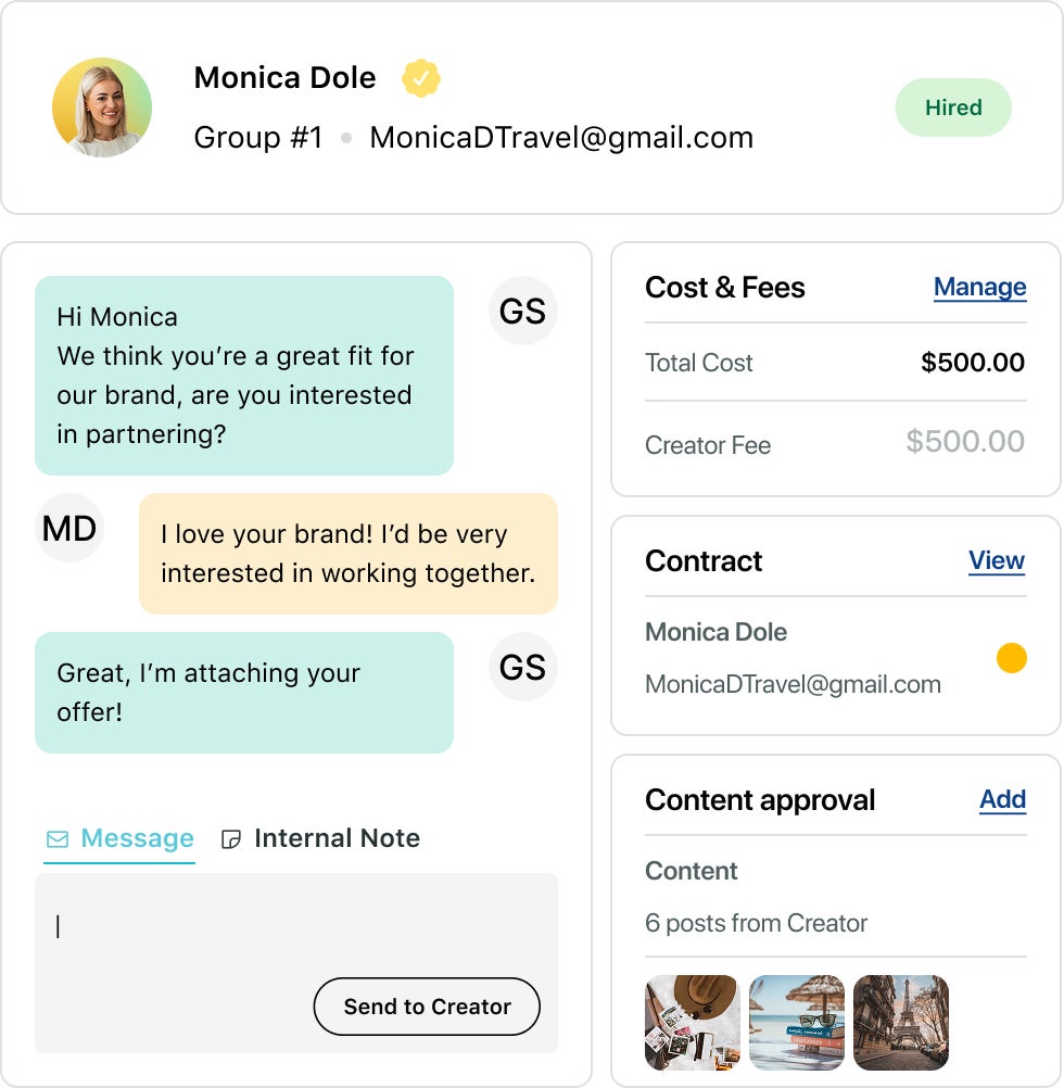 An influencer marketing profile shows an influencer, budget, contract, approval workflow and more (Source: Sprout)