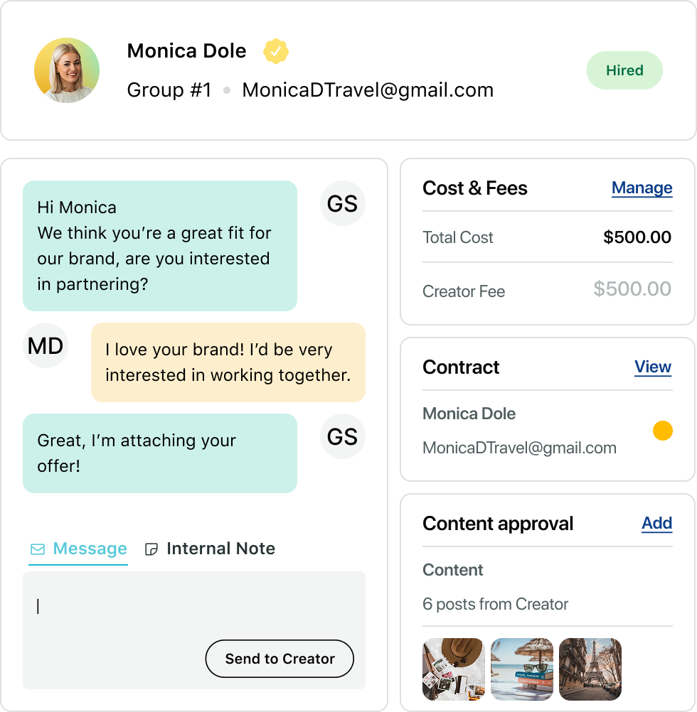 Sprout Social’s influencer marketing platform features messaging tools and an overview of costs, contracts and approvals