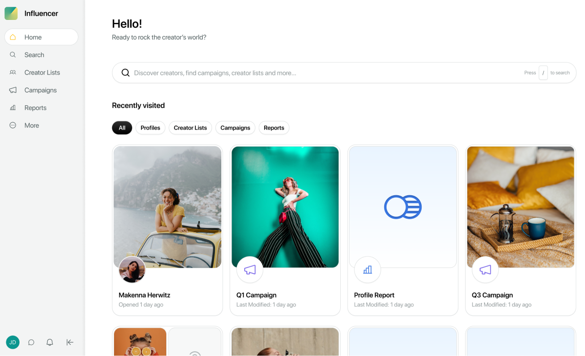 Influencer Marketing by Sprout Social dashboard showing recently viewed campaigns and reports.