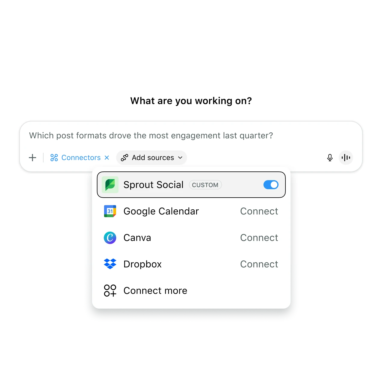 Abbildung der Produkt-Benutzeroberfläche, die den in einer ChatGPT-Schnittstelle aktivierten Sprout Social-Datenconnector zeigt. Die Integration ermöglicht es Teams, ihre Social-Media-Strategie mit datengesteuerter Content-Planung und -Analyse zu beschleunigen.