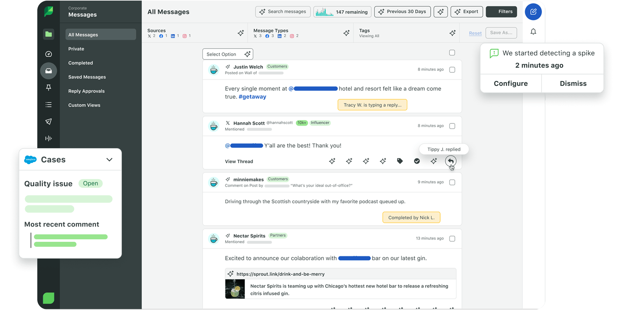 Care by Sprout Social dashboard showing open social customer service cases and a preview of the conversation