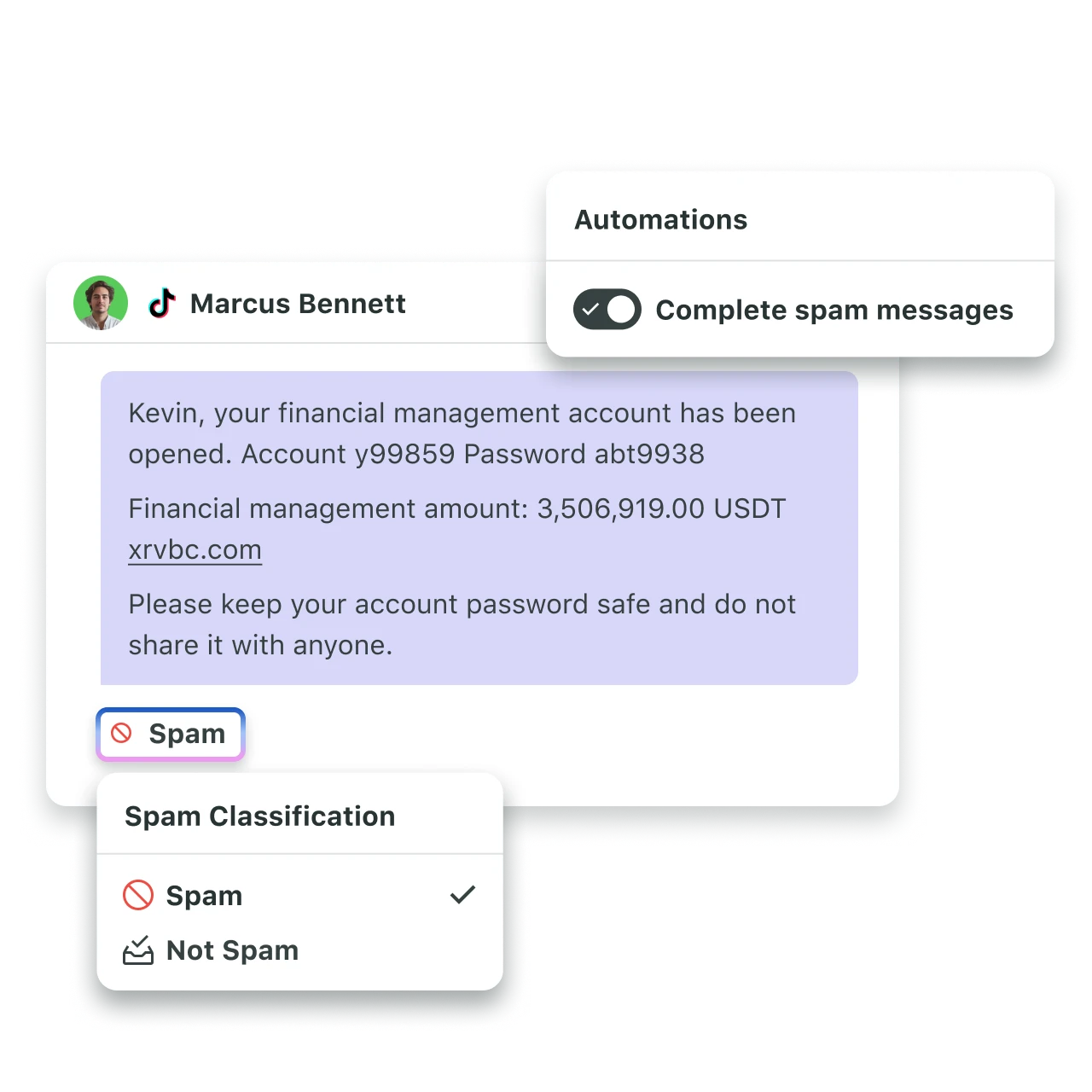 Abbildung der Produkt-Benutzeroberfläche, die eine Spam-Nachricht in der Smart Inbox von Sprout Social mit einem geöffneten Spam-Klassifizierungsmenü zeigt. Die ausgewählte Option ist „Spam“ und zeigt die automatische Spam-Erkennungsfunktion.
