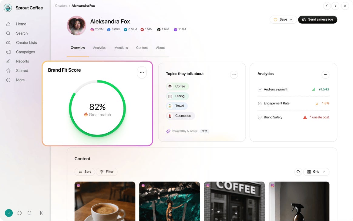 Sprout Social Influencer Marketing showing an overview of a creator's profile.
