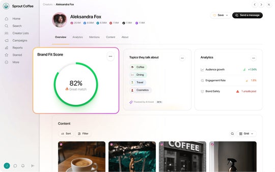 A screenshot that shows how Sprout’s Influencer Marketing platform calculates an influencer’s Brand Fit Score of 82%
