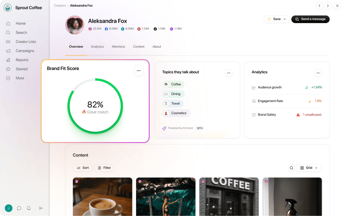 Sprout Social Influencer Marketing (formerly Tagger) Brand Safety tools enables you to find influencers who fit your brand values.