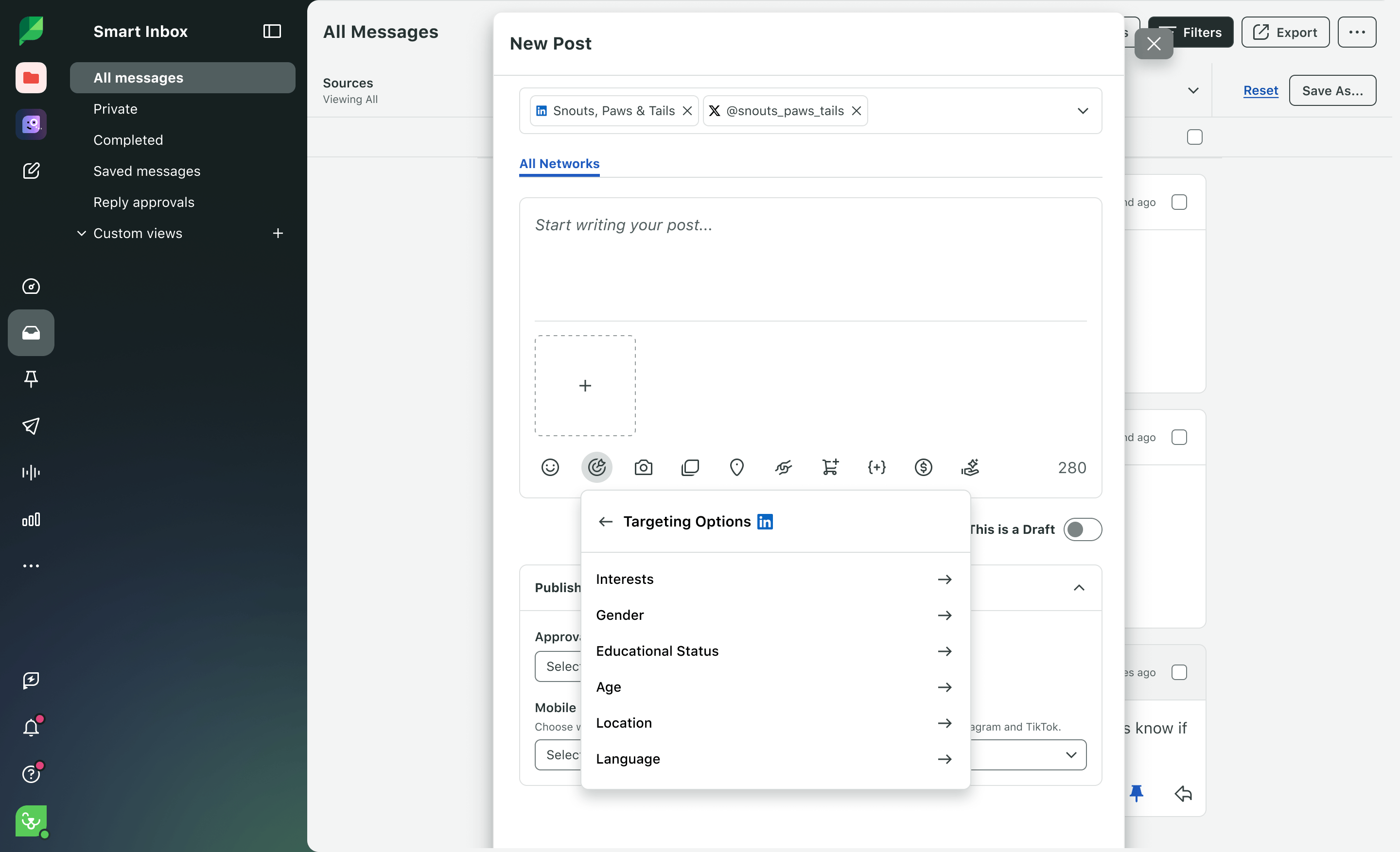Sprout Social Smart Inbox compose window with an open LinkedIn Targeting Options menu displaying demographic filters.