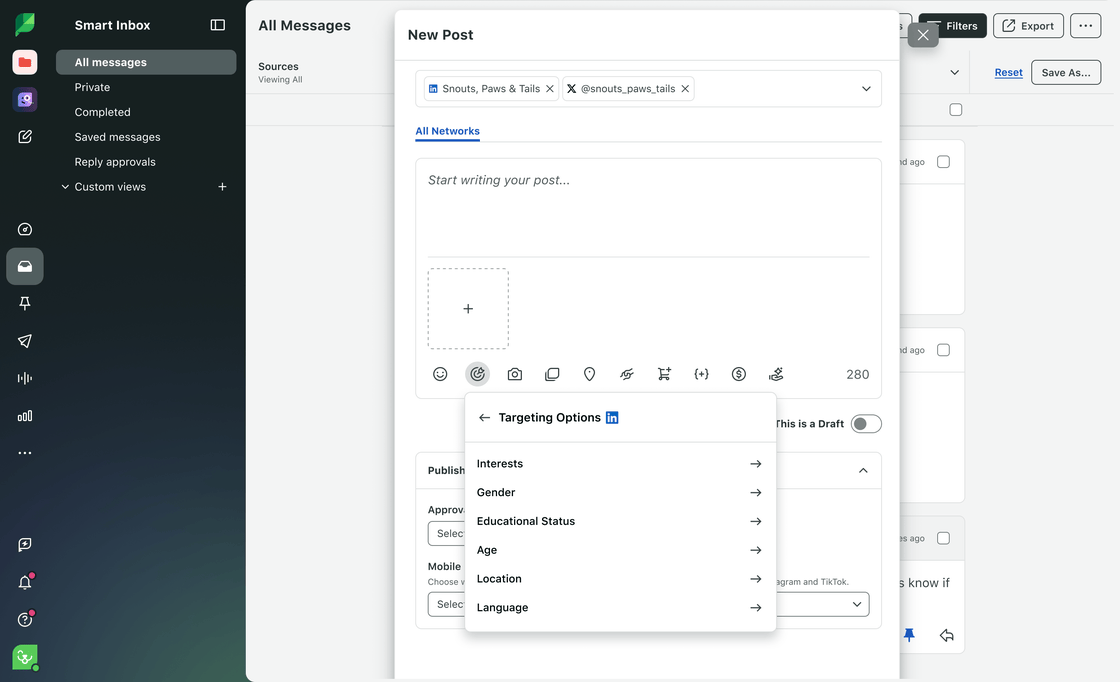 Sprout Social Smart Inbox compose window with an open LinkedIn Targeting Options menu displaying demographic filters.