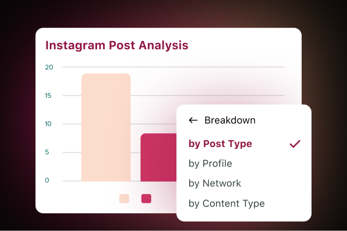 Exemplo de uma análise de posts no Instagram segmentada por tipo de post, perfil, rede ou tipo de conteúdo.
