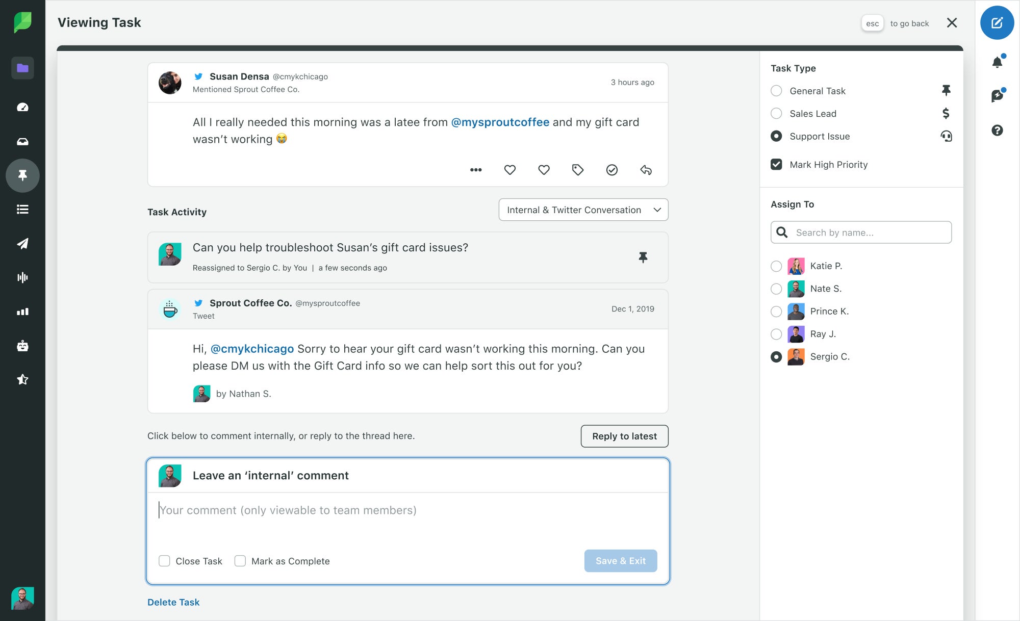 Sprout Social's Smart Inbox interface showing a customer complain about a gift card not working, showing the capabilities to reply, assign to teams and categorize the message