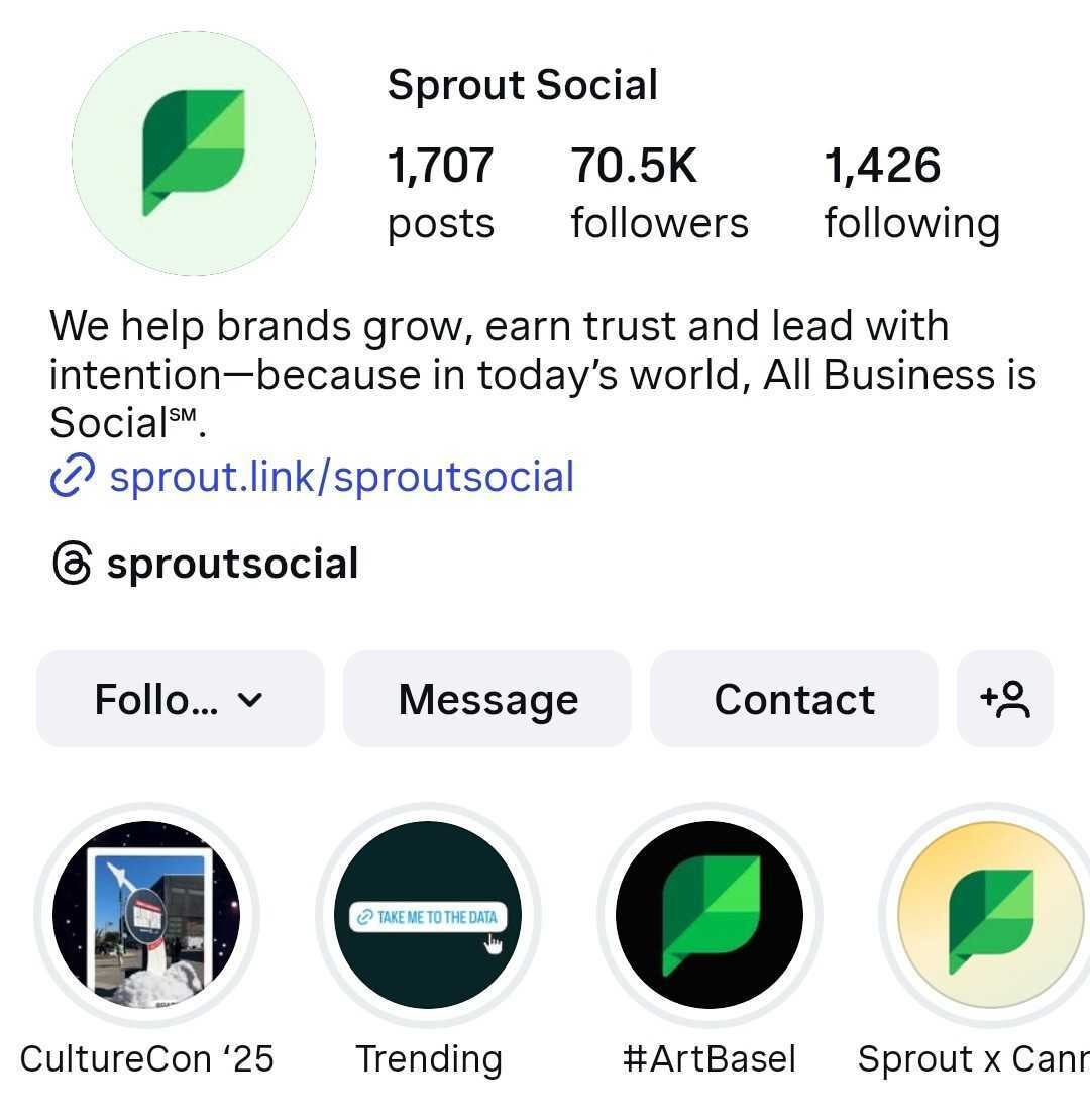 Sprout Social's Instagram bio includes a Link In Bio URL.