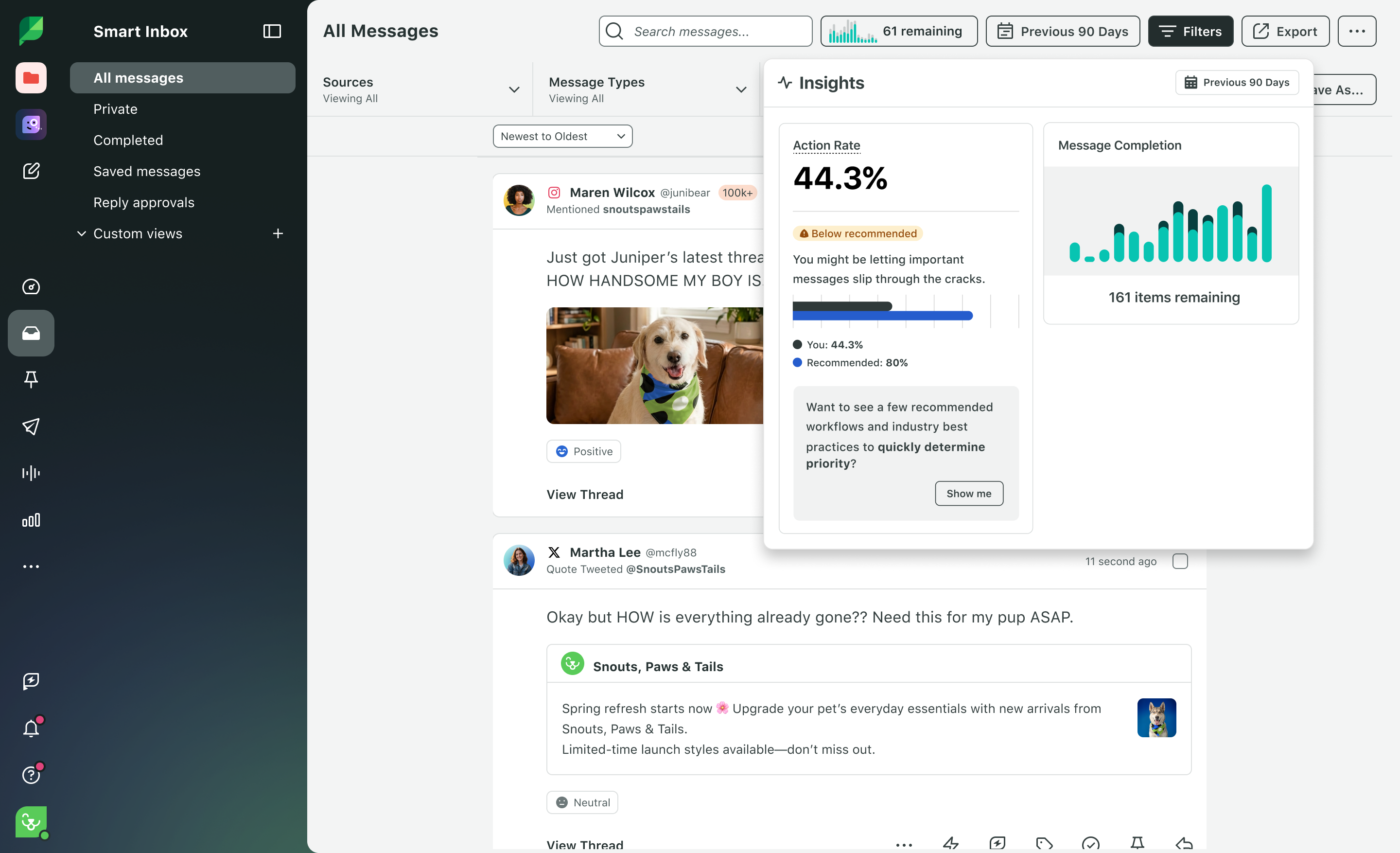 Sprout Social Smart Inbox interface featuring an Insights popover window that displays a 44.3 percent Action Rate and a Message Completion bar chart.