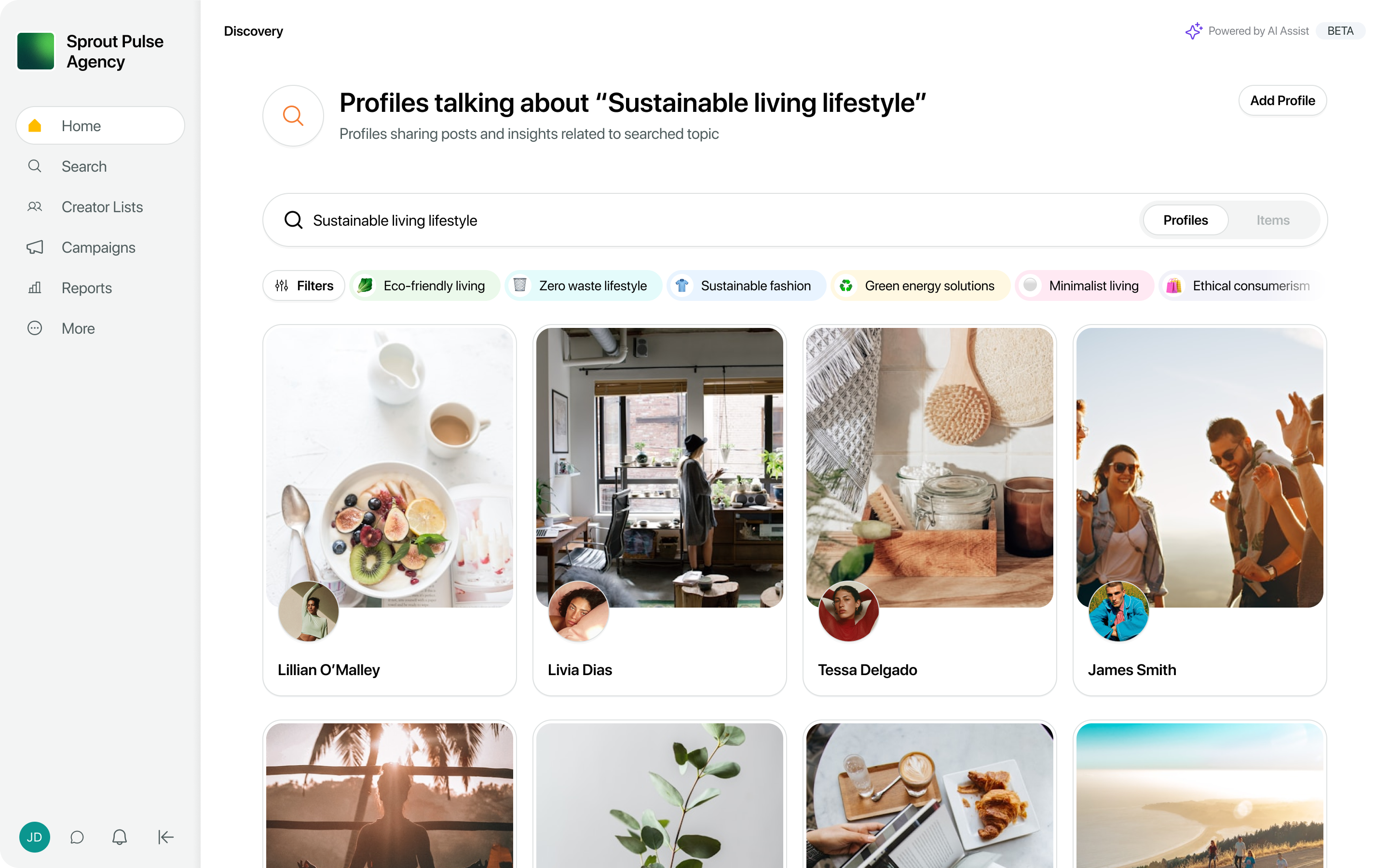 Sprout Influencer Marketing Platform shows a search for profiles talking about “sustainable living lifestyle”