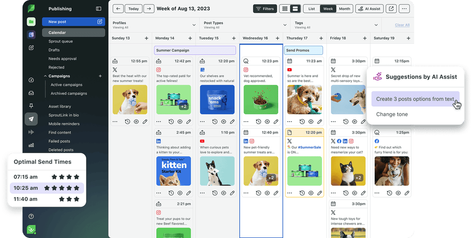 Sprout Social Product Image of the Publishing Week View Using the Drag and Drop Feature.