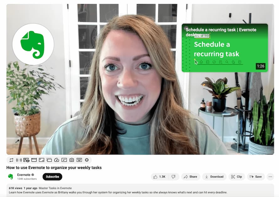 Evernote YouTube video showing a woman smiling at the camera with an end video card recommending another video