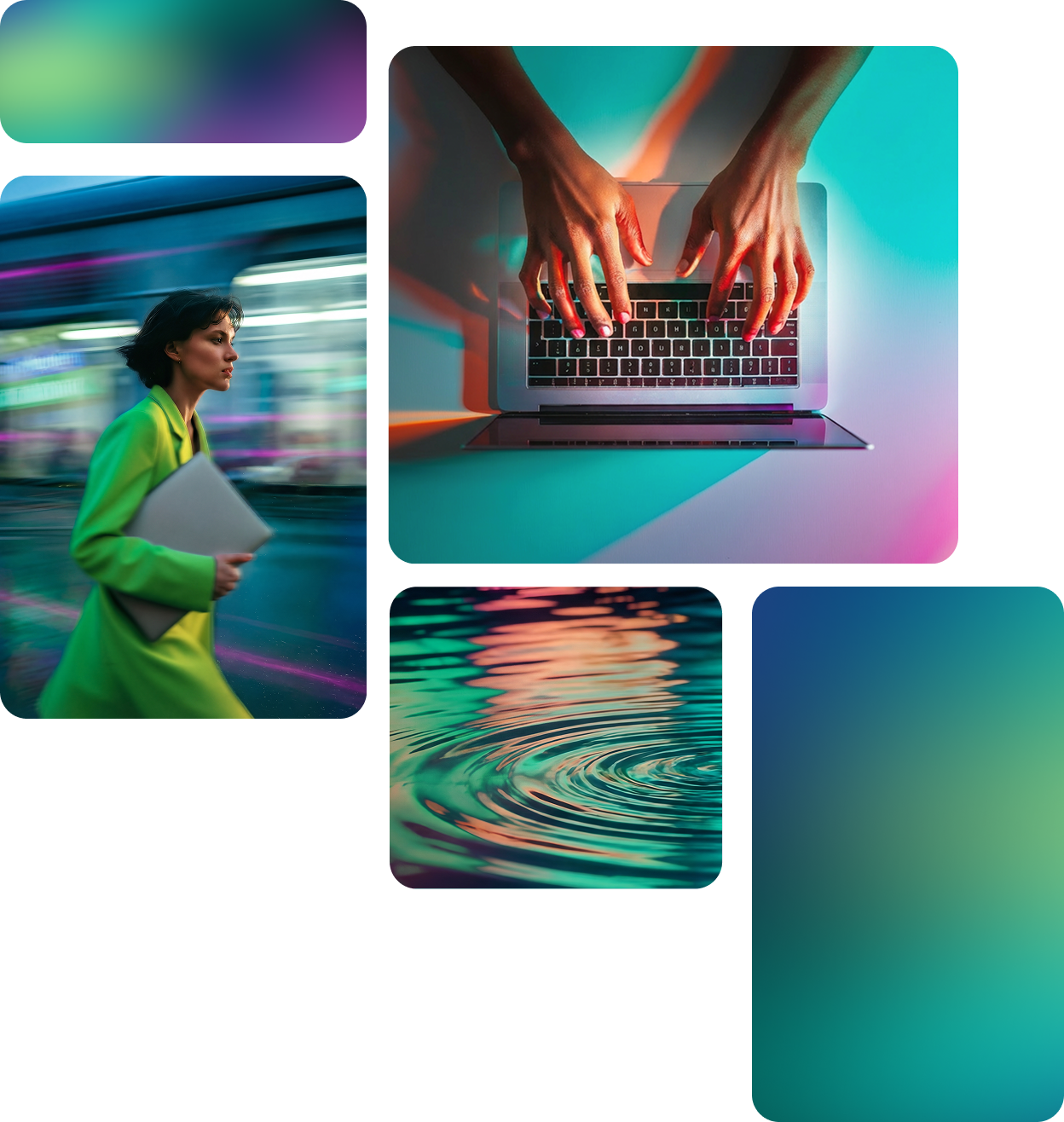 Un collage de trois images : une professionnelle portant une veste vert vif qui marche à grands pas dans un environnement flou avec un ordinateur portable, des mains qui tapent sur un clavier lumineux, et un gros plan abstrait d'eau turquoise ondulante